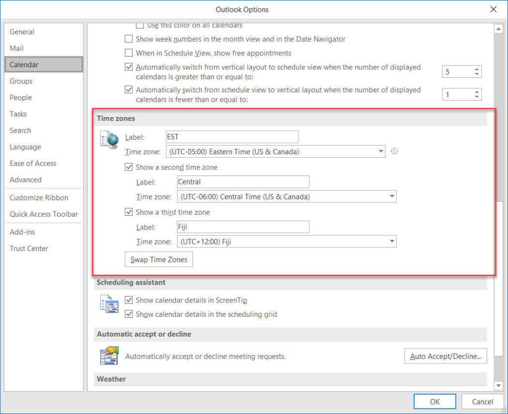 Choosing your display time zones in Outlook’s Settings.