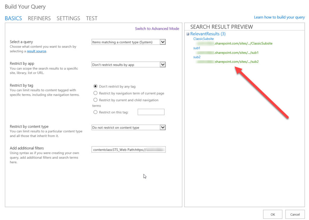 SharePoint Online Classic 6 build your query search results preview