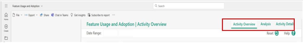 Microsoft Fabric Feature Usage and Adoption activity overview. 