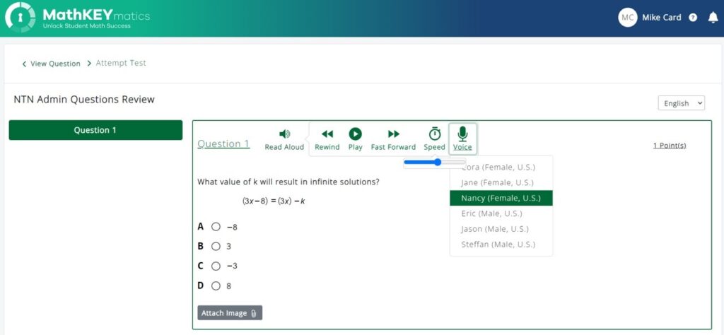 Screenshot of the new text-to-speech feature in the MathKEYmatics platform with playback in several natural human-sounding voice options in English and Spanish.